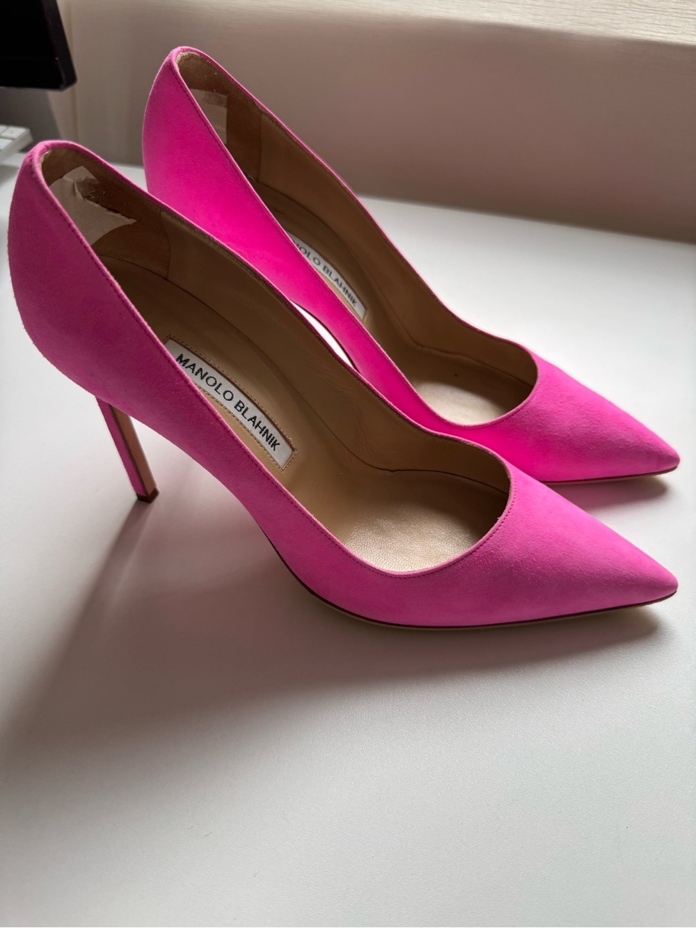 Manolo Blahnik Hot Pink Pointed-Toe Suede Stiletto Pumps